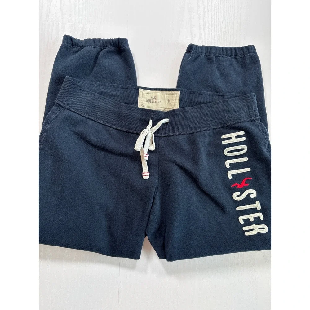 Hollister Y2K Navy Blue Fleece Joggers Embroidered Logo Drawstring Sweatpants M - Picture 7 of 7